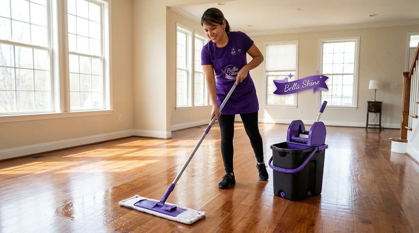 Bella Shine branded cleaner mopping an empty living room