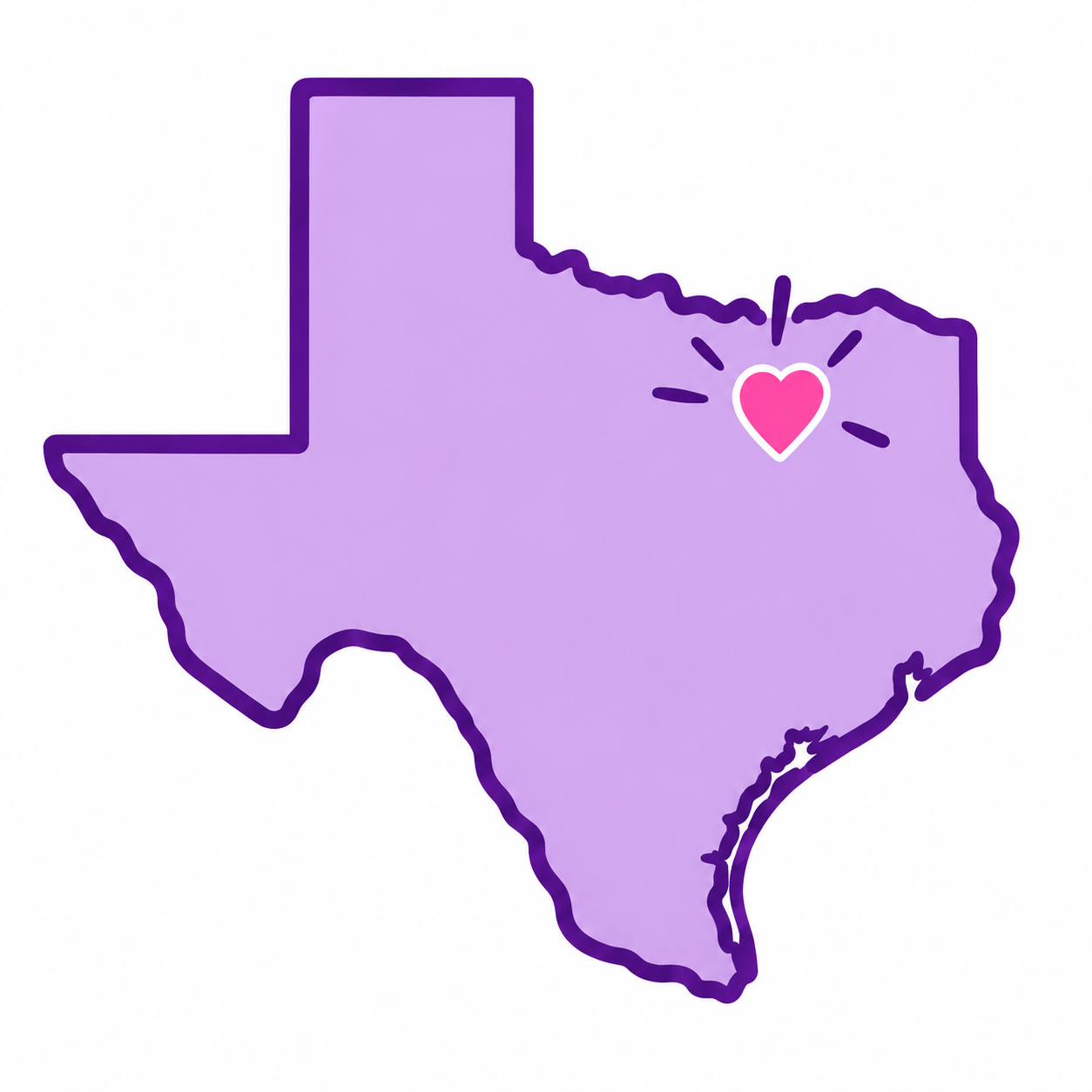 Purple illustration of Texas with a pink heart marking the Plano area